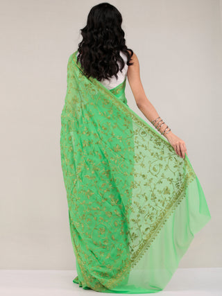 Green Aari Embroidered Georgette Saree From Kashmir - S031704640