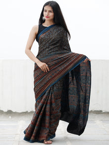 Indigo Black Rust Beige Ajrakh Hand Block Printed Modal Silk Saree in Natural Colors - S031703710