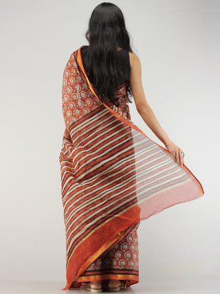 Rust Beige Black Hand Block Printed Kota Doria Saree With Zari Border - S031704569