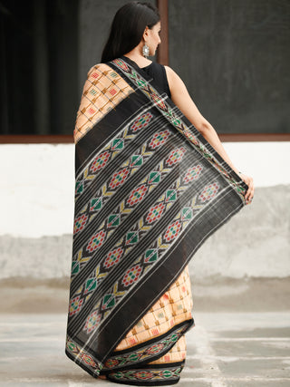 Ivory Black Ikat Handwoven Cotton Saree - S031704042