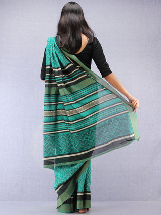 Teal Green White Hand Block Printed Chanderi Saree With Geecha Border - S031704524