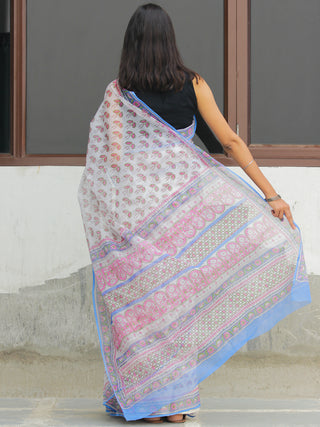 White Orange Hand Block Printed Kota Doria Saree  - S031704088