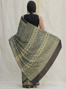 Charcoal Black Indigo Olive Green Ajrakh Hand Block Printed Modal Silk Saree - S031704130