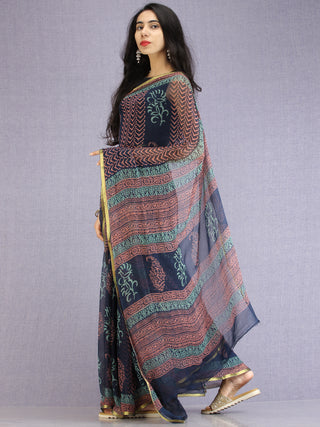 Navy Pink Teal Hand Block Printed Chiffon Saree with Zari Border - S031704600