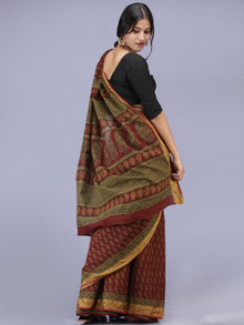 Dark Maroon Green Black Bagh Printed Maheshwari Cotton Saree - S031704178