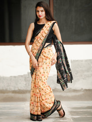 Ivory Black Ikat Handwoven Cotton Saree - S031704042