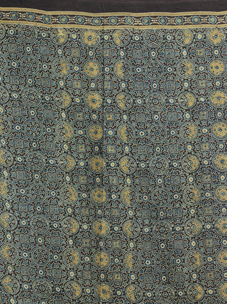 Charcoal Black Indigo Olive Green Ajrakh Hand Block Printed Modal Silk Saree - S031704130