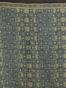Charcoal Black Indigo Olive Green Ajrakh Hand Block Printed Modal Silk Saree - S031704130