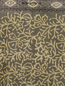 Charcoal Grey Yellow Hand Block Printed Chiffon Saree with Zari Border - S031703249