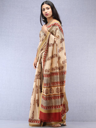 Ivory Maroon Hand Block Printed Chanderi Saree With Geecha Border - S031704496