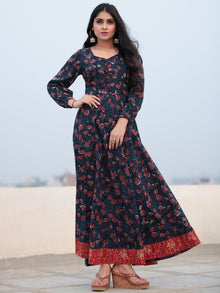 Indigo Rust Hand Block Printed Cotton Long Dress D465F1138