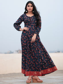 Indigo Rust Hand Block Printed Cotton Long Dress D465F1138 – InduBindu