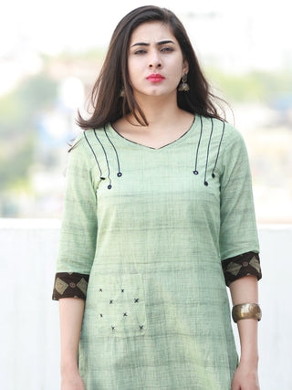Sage Green Hand Embroidered South Handloom Cotton Kurta With Ajrakh Patch   - K133FXXX