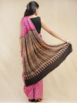 Pink Blue Brown Bandhej Modal Silk Saree With Ajrakh Printed Pallu & Blouse - s031704147