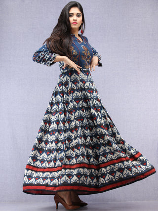 Naaz Mawara - Hand Block Printed & Embroidered Long Cotton Box Pleated Dress - DS96F001