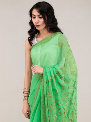 Green Aari Embroidered Georgette Saree From Kashmir - S031704640