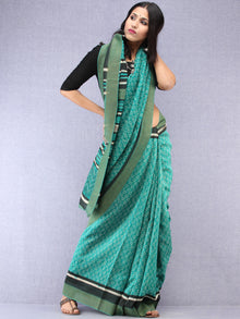 Teal Green White Hand Block Printed Chanderi Saree With Geecha Border - S031704524
