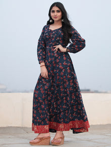 Indigo Rust Hand Block Printed Cotton Long Dress D465F1138