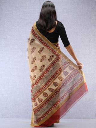 Ivory Maroon Hand Block Printed Chanderi Saree With Geecha Border - S031704496
