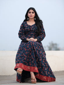 Indigo Rust Hand Block Printed Cotton Long Dress D465F1138