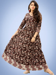 Nazmin - Hand Block Printed Long Cotton Dress With Back Knots  - D162F1384