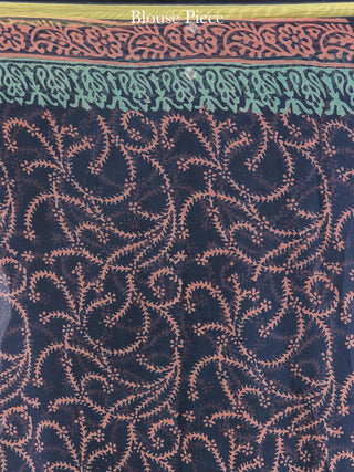 Navy Pink Teal Hand Block Printed Chiffon Saree with Zari Border - S031704600