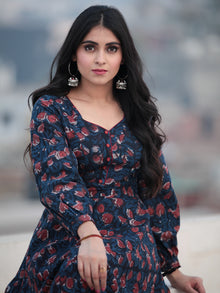 Indigo Rust Hand Block Printed Cotton Long Dress D465F1138