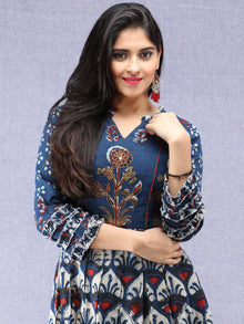 Naaz Mawara - Hand Block Printed & Embroidered Long Cotton Box Pleated Dress - DS96F001