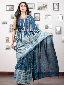 Indigo Ivory Hand Block Printed & Hand Painted Cotton Mul Saree With Kantha Mirror & Hand Made Potli Tassels  - S031703015
