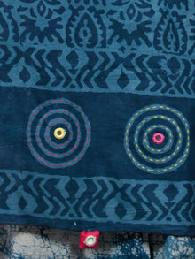 Indigo Ivory Hand Block Printed & Hand Painted Cotton Mul Saree With Kantha Mirror & Hand Made Potli Tassels  - S031703015