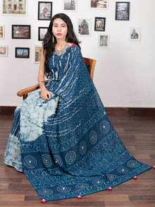 Indigo Ivory Hand Block Printed & Hand Painted Cotton Mul Saree With Kantha Mirror & Hand Made Potli Tassels  - S031703015