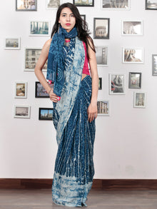 Indigo Ivory Hand Block Printed & Hand Painted Cotton Mul Saree With Kantha Mirror & Hand Made Potli Tassels  - S031703015