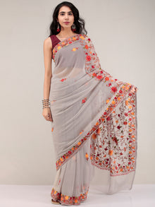 Grey Aari Embroidered Georgette Saree From Kashmir  - S031704623