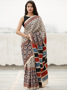Beige Indigo Maroon Black Ajrakh Hand Block Printed Cotton Saree in Natural Colors - S031703806