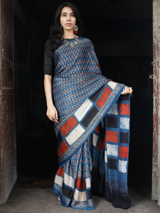 Indigo Black White Brick Red Ajrakh Hand Block Printed Modal Silk Saree in Natural Colors - S031703511