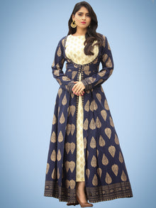 Nazakat - Indigo Gold Printed Long Cape Kurta Dress With Tunic - D377F2001
