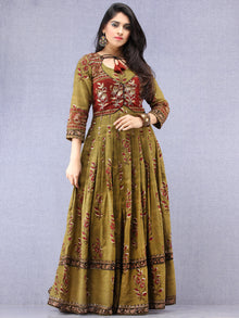 Naaz Maham - Hand Block Printed & Embroidered Long Cotton Box Pleated Dress With Tassels - DS95F001