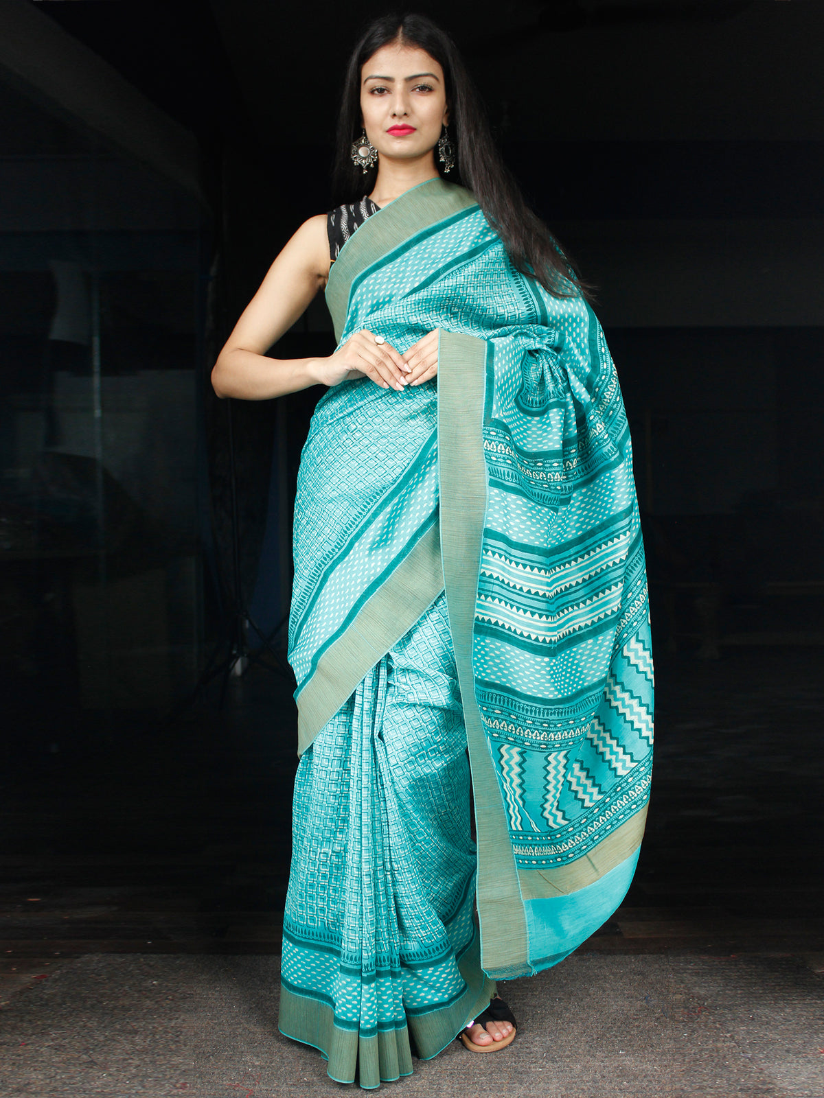 Blue White Chanderi Silk Hand Block Printed Saree With Geecha Border - S031703999