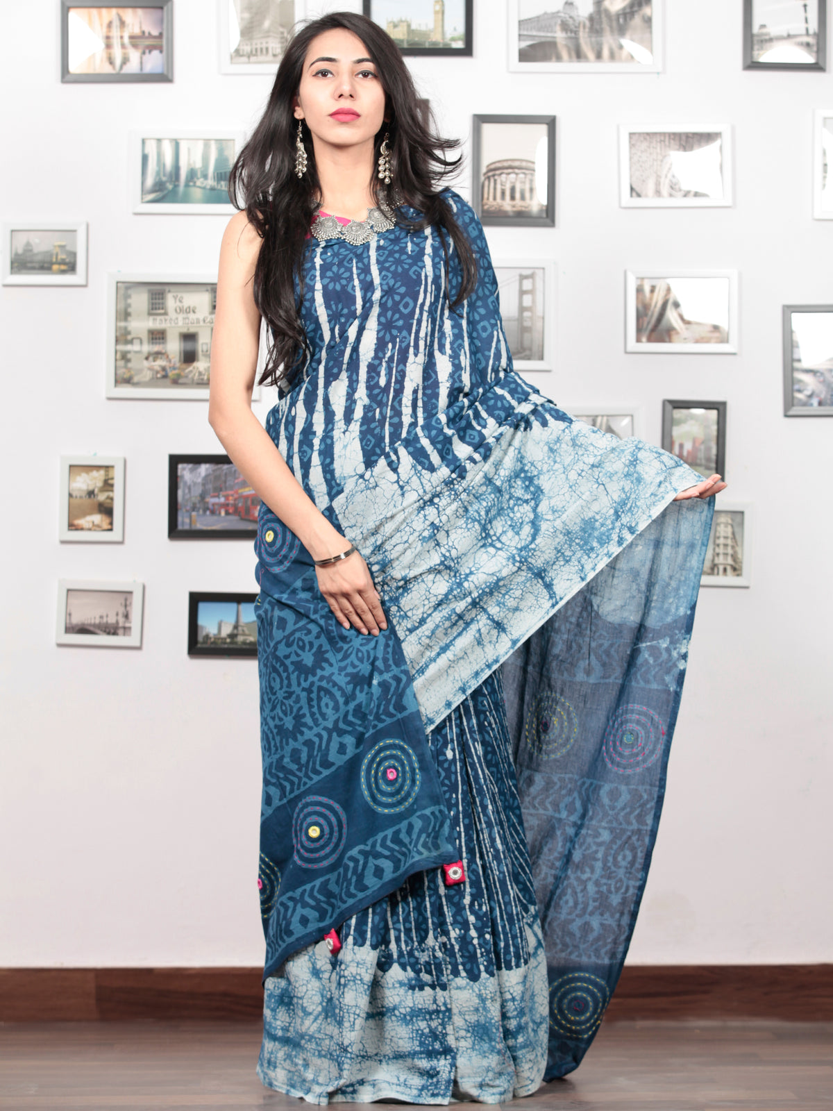 Indigo Ivory Hand Block Printed & Hand Painted Cotton Mul Saree With Kantha Mirror & Hand Made Potli Tassels  - S031703015