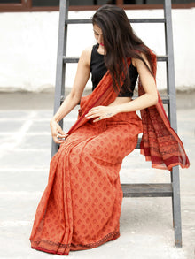 Coral Maroon Black Bagh Hand Block Printed Cotton Saree - S031703817