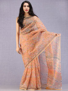 Mustard Coral Teal Off White Hand Block Printed Kota Doria Saree - S031704583