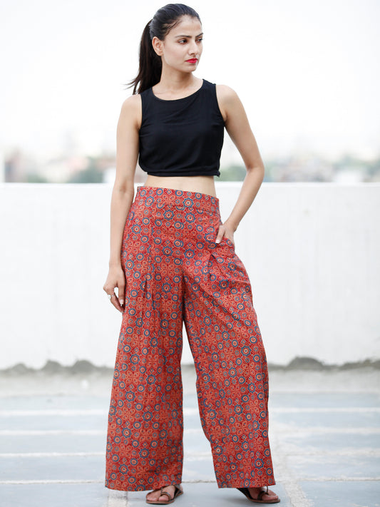 Red Indigo Ivory Ajrakh Hand Block Printed Semi Elasticated Waist Pleated Cotton Palazzo - P11F705
