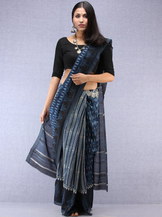Indigo Ivory Hand Block Printed Chanderi Saree With Geecha Border - S031704504