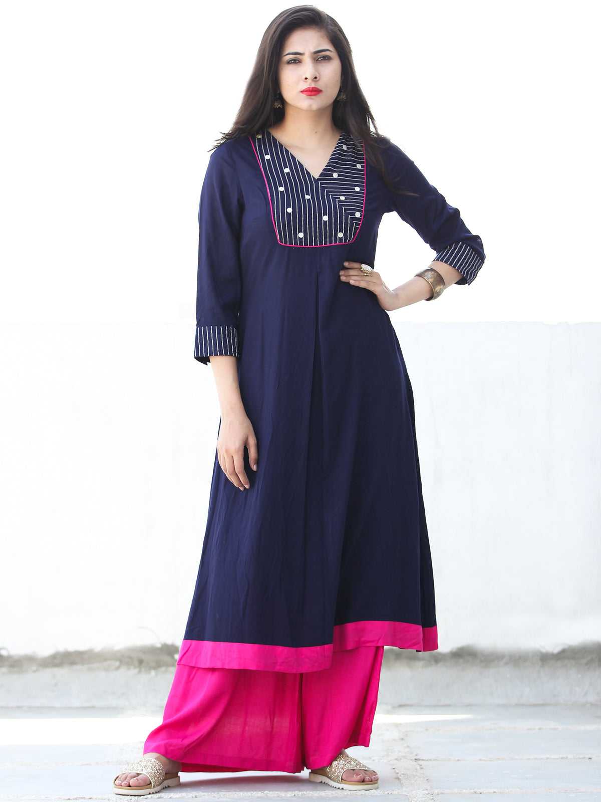 Buy Indigo Cotton Anarkali Kurta Palazzo Suit Set (Kurta, Palazzo, Dupatta,  Potli) for INR4896.50 | Biba India