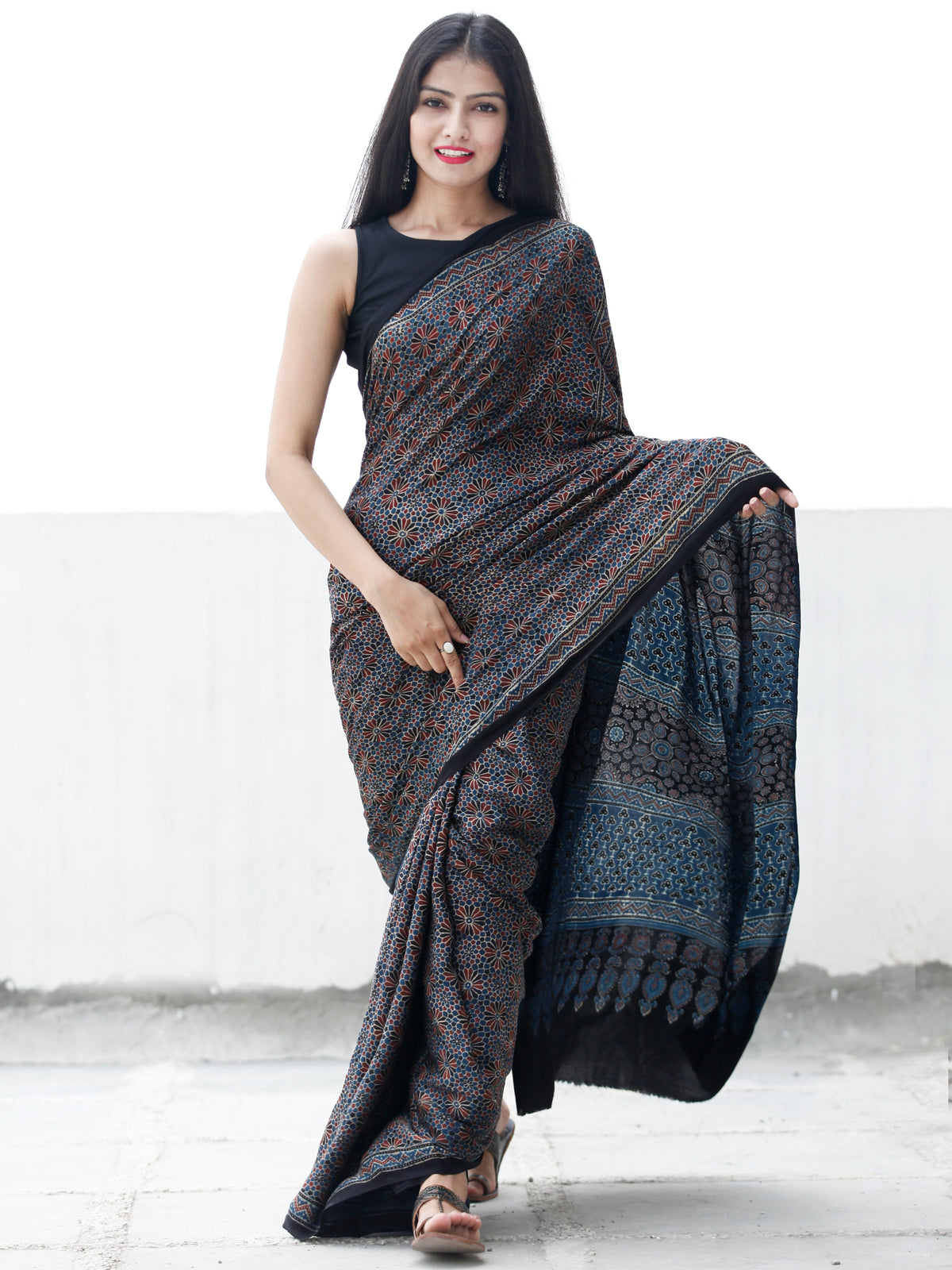 Indigo Black Maroon Ivory Ajrakh Hand Block Printed Modal Silk Saree in Natural Colors - S031703694