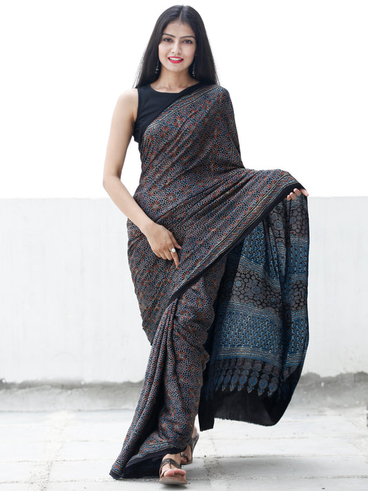 Indigo Black Maroon Ivory Ajrakh Hand Block Printed Modal Silk Saree in Natural Colors - S031703694