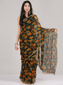 Black Orange Geen Hand Block Printed Chiffon Saree With Zari Border - S031704682