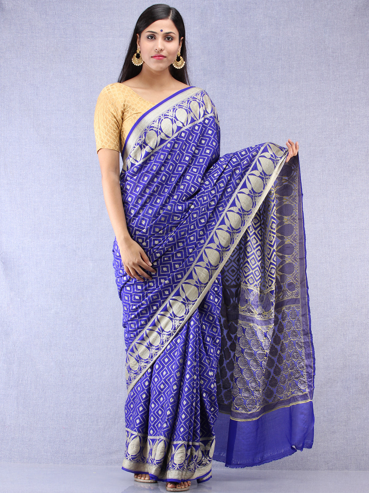 Banarasee Pure Chiffon Saree With Zari Work - Royal Blue Silver - S031704308