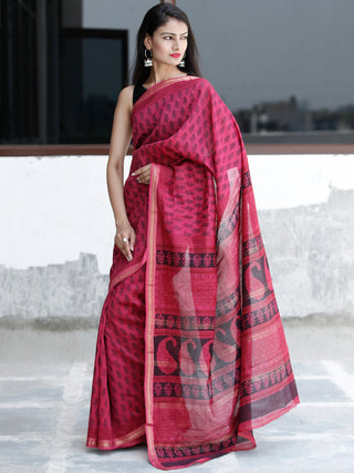 Pink Black Bagh Hand Block Printed Maheswari Silk Saree With Resham Border - S031703826