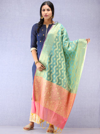 Banarasi Chanderi Dupatta With Zari Work - Light Green Pink & Gold - D04170790